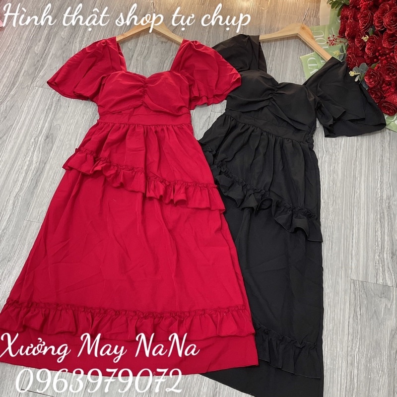 Đầm cổ vuông bèo tầng siêu hot