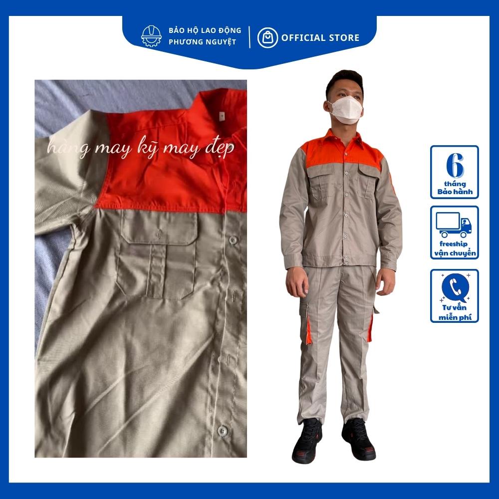 Quần áo bảo hộ lao động màu ghi phối cam, quần áo kỹ sư vải kaki 3/1 thoáng mát, không phai, không xù, không dão