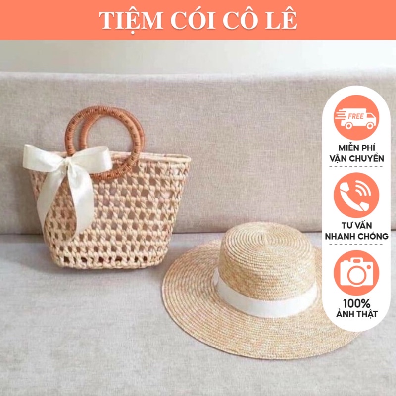 Túi lục bình quai mây kiểu đan thắt nơ xinh xắn, làn xách tay phụ kiện đi biển, chụp ảnh - Tiệm Cói Cô Lê