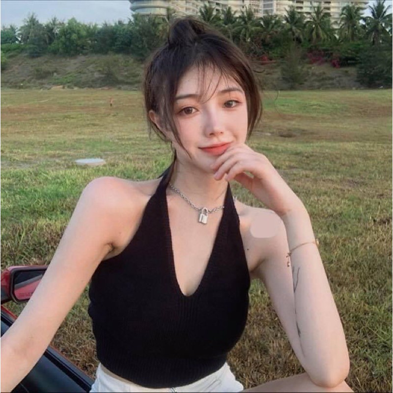 Áo yếm thun len body croptop hơ lưng cột - Order taobao quảng châu