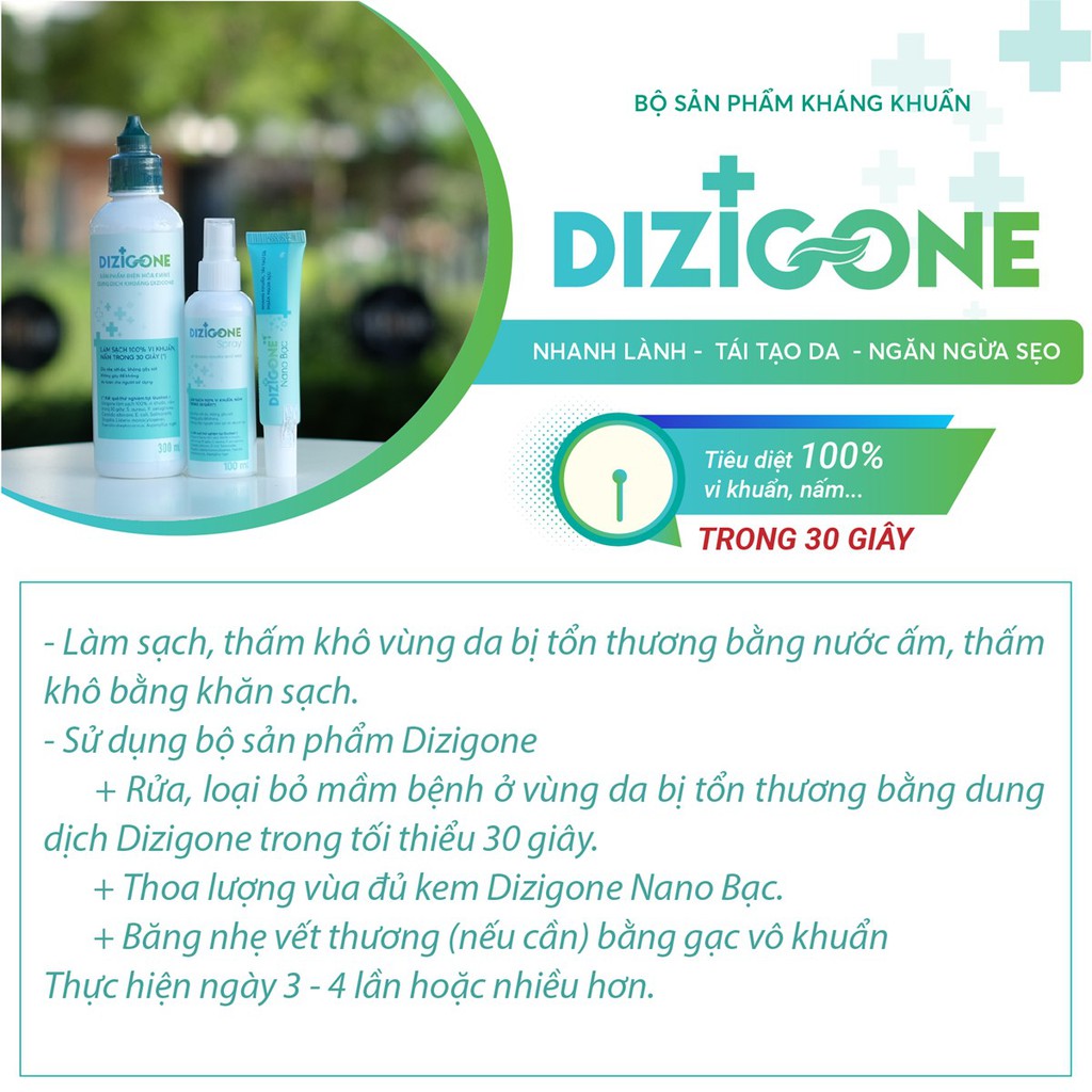 [BỘ ĐÔI] Dizigone Xịt 100ml &amp; Kem Bôi Nano Bạc 25g Kháng Khuẩn, Lành Vết Thương, Tái Tạo Da, Ngừa Sẹo