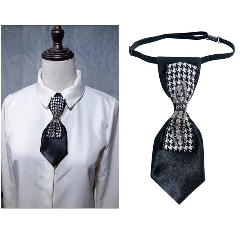 Cà Vạt Nơ Tua Rua Màu Đen Họa Tiết Caro Đính Đá Lấp Lánh Cho Nữ