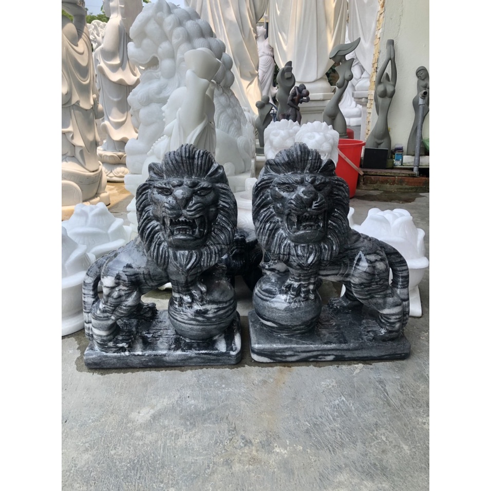 Cặp Sư Tử phong thủy đá vân đen - Cao 40 cm