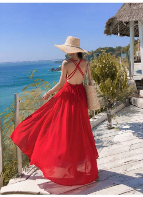 🔴Đầm maxi đỏ đan lưng/ hở lưng xẻ tà đi biển | BigBuy360 - bigbuy360.vn