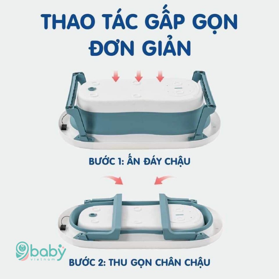 Chậu tắm cho bé  𝑭𝒓𝒆𝒆𝒔𝒉𝒊𝒑  Chậu tắm gấp gọn tiện dụng kèm phao cho bé yêu 9BABY - CÓ NHIỆT KẾ