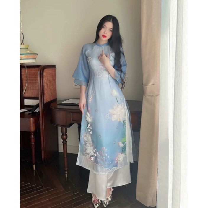 Áo dài cách tân nữ đính hoa sen cao cấp - A22