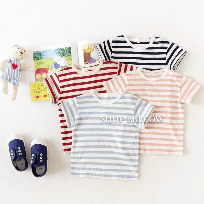 ÁO THUN COTTON KẺ NGANG THẤM HÚT MỒ HÔI CỰC TỐT CHO BÉ TRAI VÀ GÁI 8-18KG S019