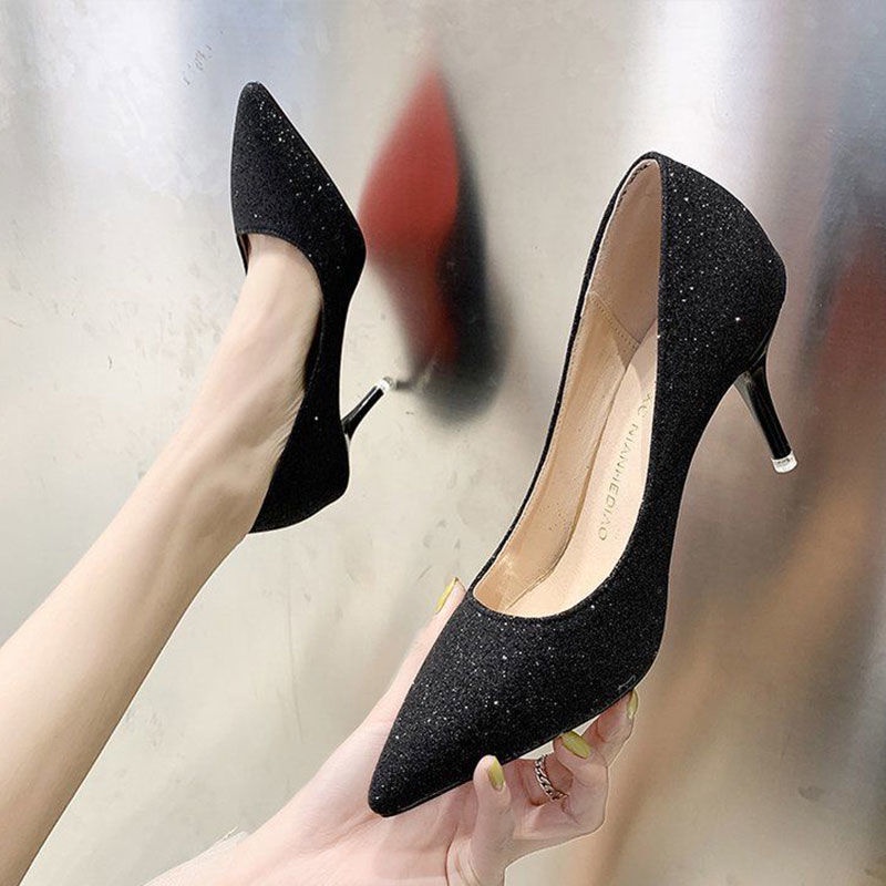 Giày Cao Gót Mũi Nhọn Đính Kim Sa Lưng Trần Size 33-45