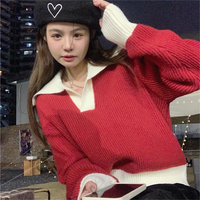 Áo len ZHELIHANGFEI tay dài kiểu dáng rộng màu đỏ theo phong cách đi học dễ phối đồ