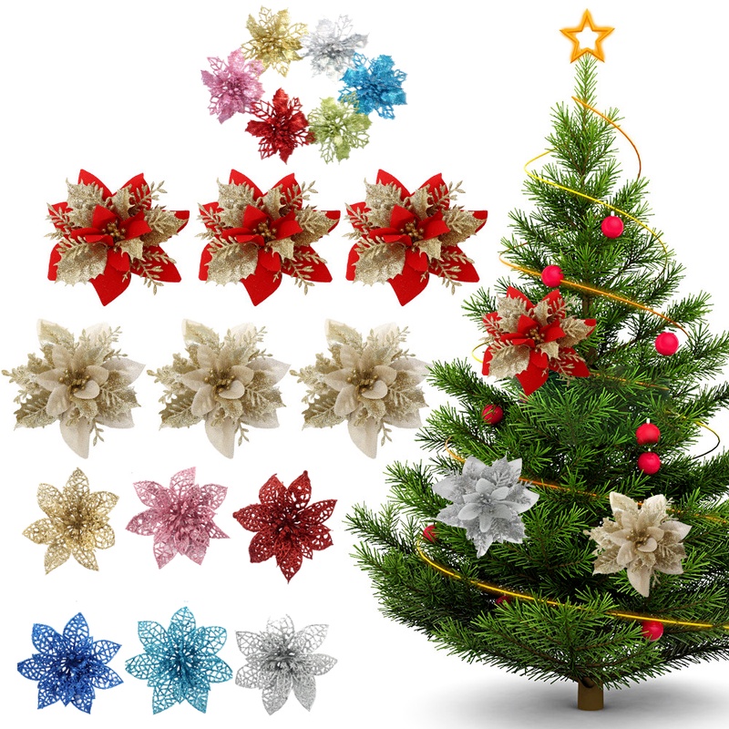 Set 5 Bông Hoa Giả Lấp Lánh Dùng Để Trang Trí Cây Thông Noel Tiện Dụng
