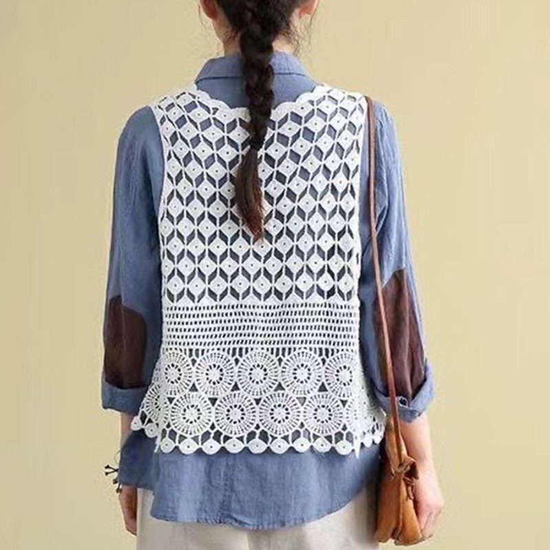 Brroa Áo Khoác Cardigan Không Tay Hở Trước Họa Tiết Hình Học Phối Ren Đính Kim Cương Phong Cách Bohemia Cho Nữ