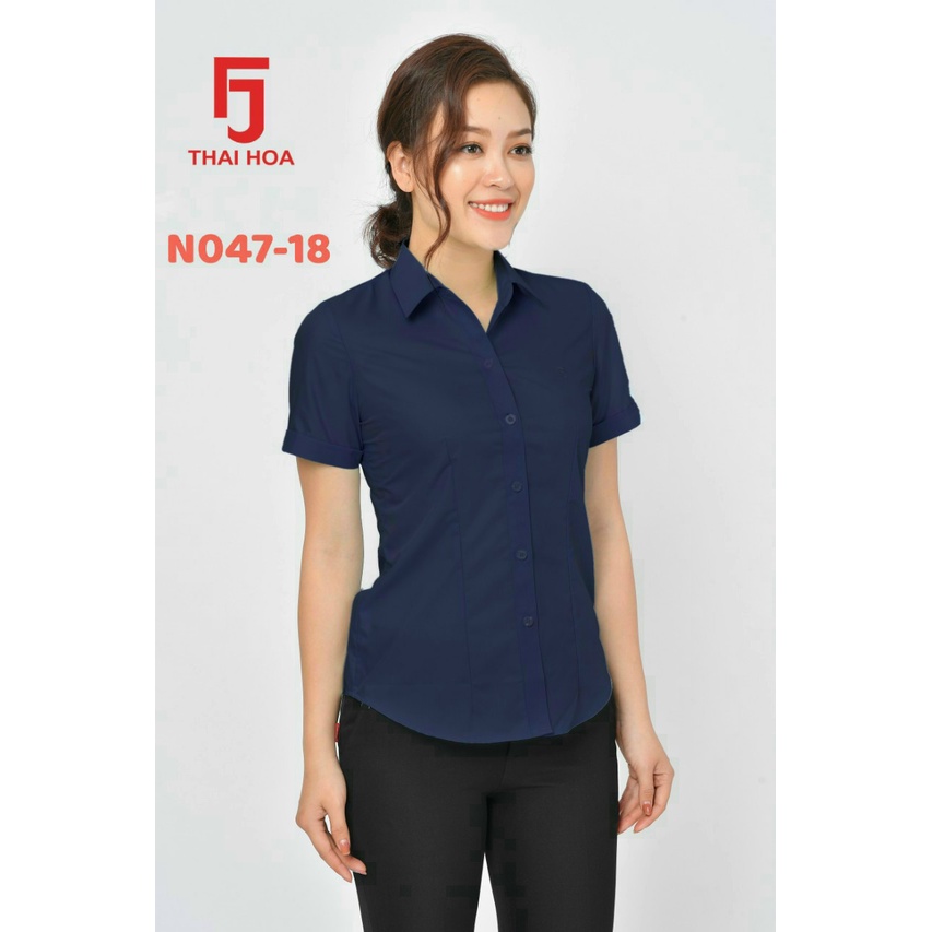 CHÍNH HÃNG THÁI HOÀ Áo sơ mi nữ màu xanh đen vải mềm thoáng mát 047-18-01