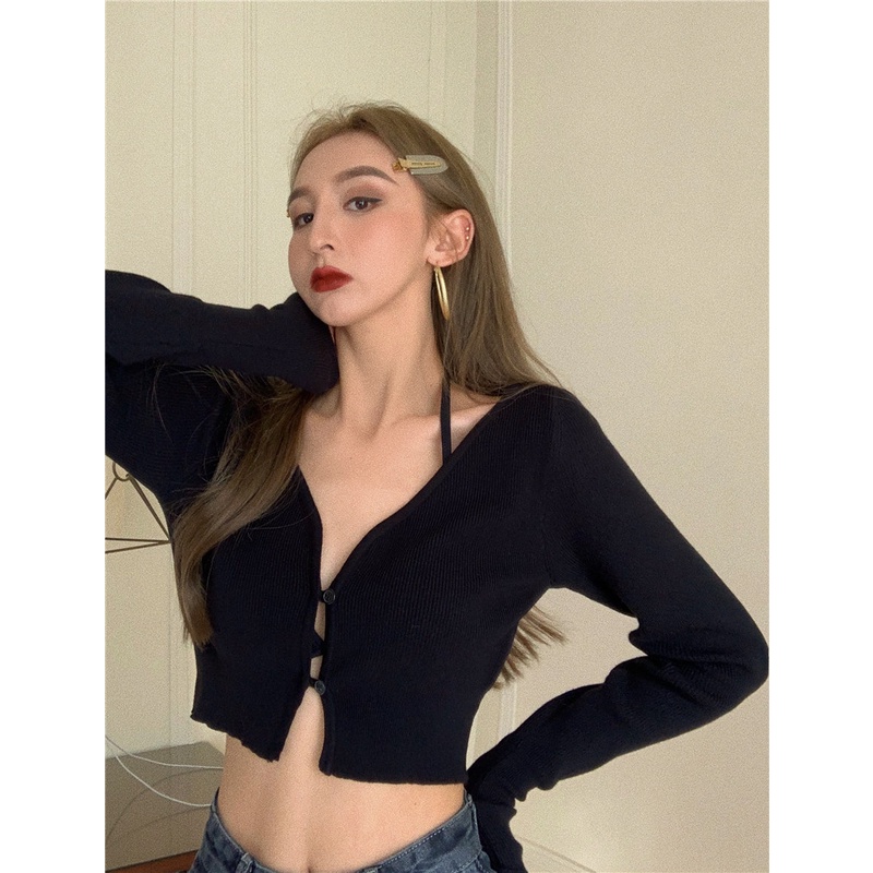 Porozi  Áo  vải dệt kim tay dài cổ chữ V dáng ôm phong cách Hàn Quốc dành cho nữ