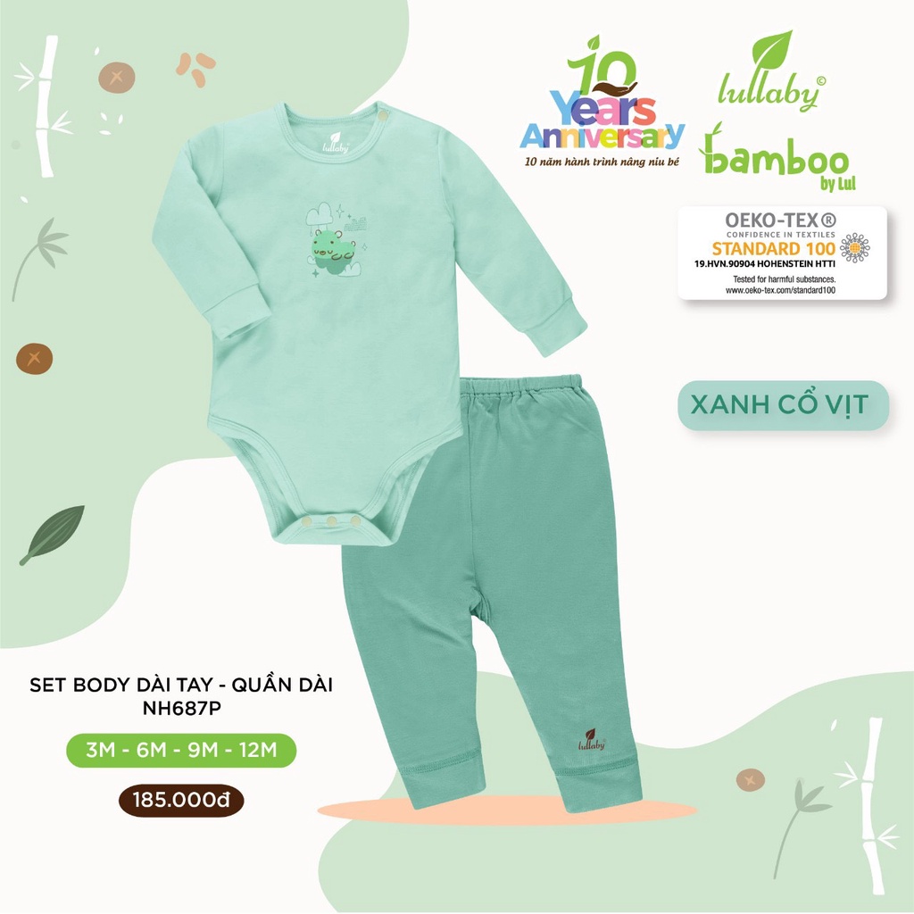 Set Body dài tay quần dài Lullaby Bamboo gấu ngủ cao cấp mềm mịn thoáng mát thấm hút tốt cho bé trai bé gái NH687P