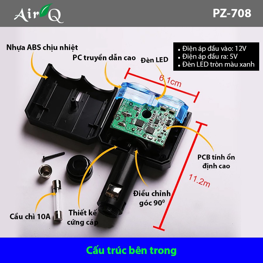 [Mã BMBAU50 giảm 10% đơn 99k] Bộ Chia Tẩu Ô Tô 1 Ổ Và 2 Cổng Usb Không Dây AIRQ PZ708 Nhập Khẩu Chính Hãng