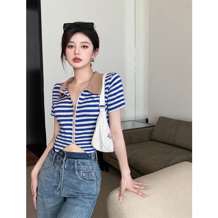 QKOOLE Áo Thun Tay Ngắn Có Khóa Kéo Phong Cách Hàn Quốc Cho Nữ