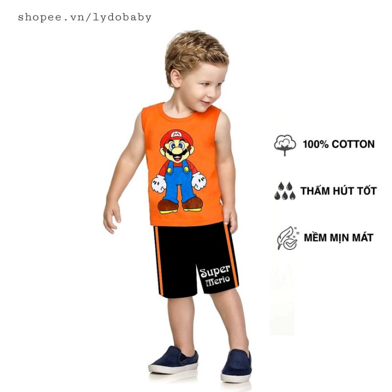 Đồ bộ quần áo thun ba lỗ cotton cho bé trai mặc nhà mùa hè 3 , 4 , 5 , 6 , 7 tuổi Mickey Siêu nhân người nhện Mario HM