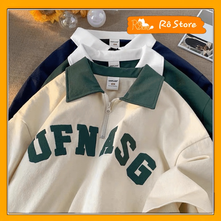 Áo thun polo nữ/ Áo thun cổ bẻ kéo khoá form rộng unisex in chữ UFNASG chất thun tổ ong cotton mềm mát Rô Store AT89