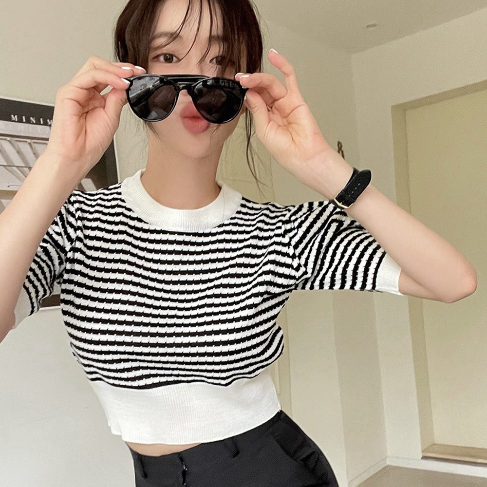 QADCOL Áo Sweater Dệt Kim Tay Ngắn Dáng Ôm Kẻ Sọc Phối Màu Dễ Thương Kiểu Hàn Quốc