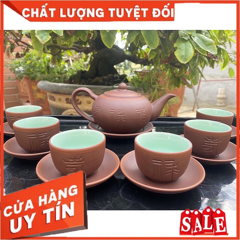Bộ ấm trà gốm tử sa Bát Tràng dáng Tống Phúc Lộc Thọ chỉ đỏ