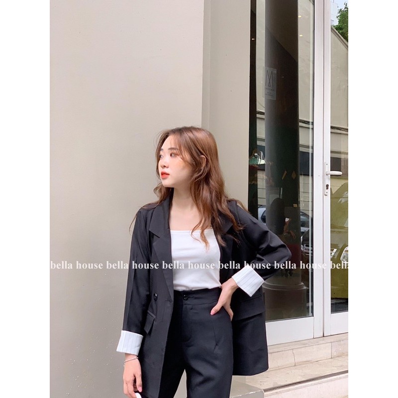 Áo blazer đen tay phối kẻ & quần baggy | BigBuy360 - bigbuy360.vn