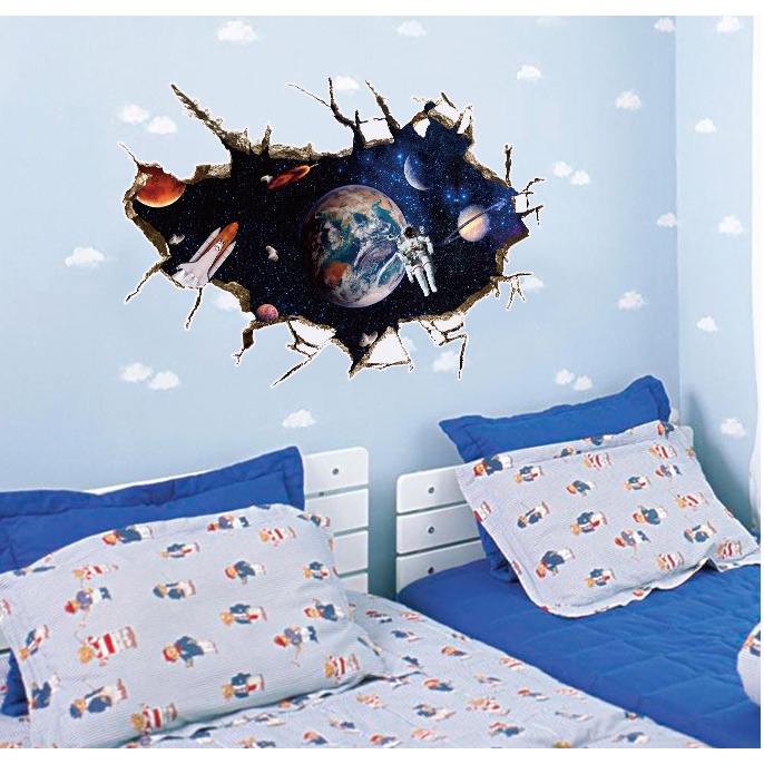 Decal dán tường trang trí - Vết nứt phi hành gia ngoài vũ trụ sắc nét
