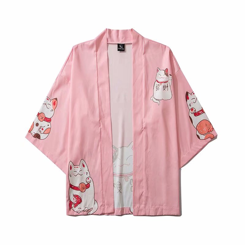 Fashion Pink Black Lucky Cat Women Men's Kimono Outer Blouse Japanese Loose Harajuku Unisex Clothes | BigBuy360 - bigbuy360.vn
