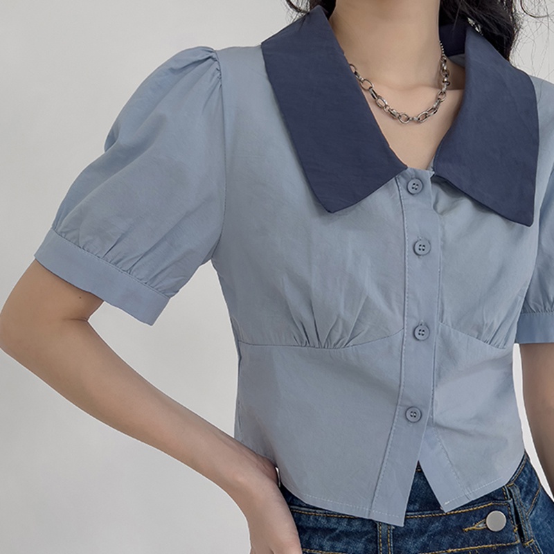 Áo Cộc Tay Sơ Mi Nữ Dáng Croptop Cổ Polo Tay Ngắn Bồng Thời Trang Sugal SO MI NU 014