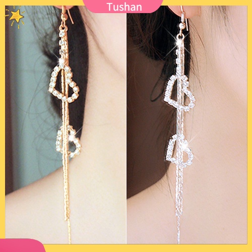Đôi khuyên tai dài hình trái tim đính đá thời trang cho nữ