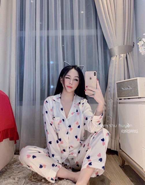 Bộ ngủ pijama lụa dài tay quần dài