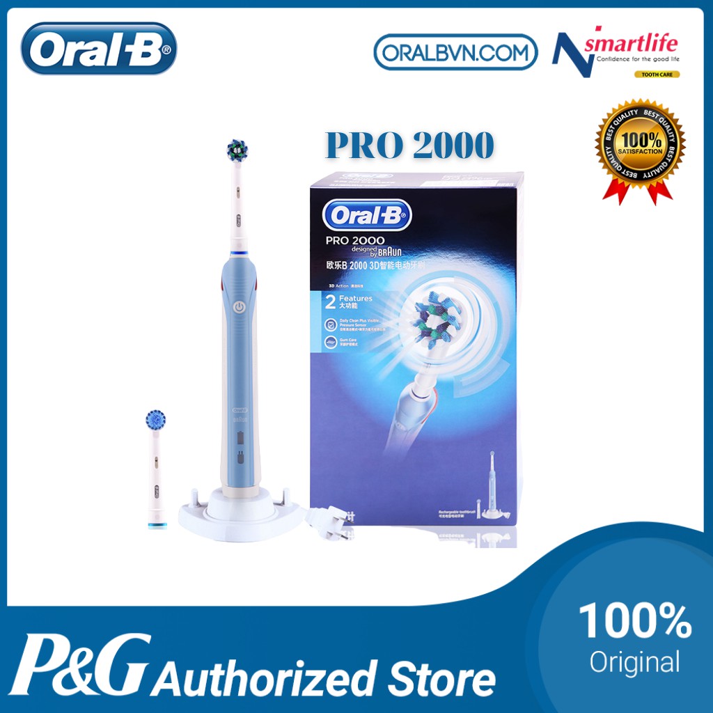 Bàn chải đánh răng điện tự động Oral B Pro 2000 trắng làm sạch răng, hạn chế viêm nướu tặng kèm hộp du lịch