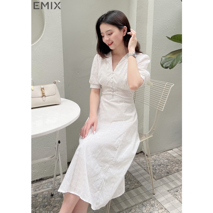 Váy tiểu thư khuy ngọc EMIX (màu trắng), basic dress, dáng dài maxi, cổ V, cộc tay, dáng chữ A, chất  thô thêu hoa V020