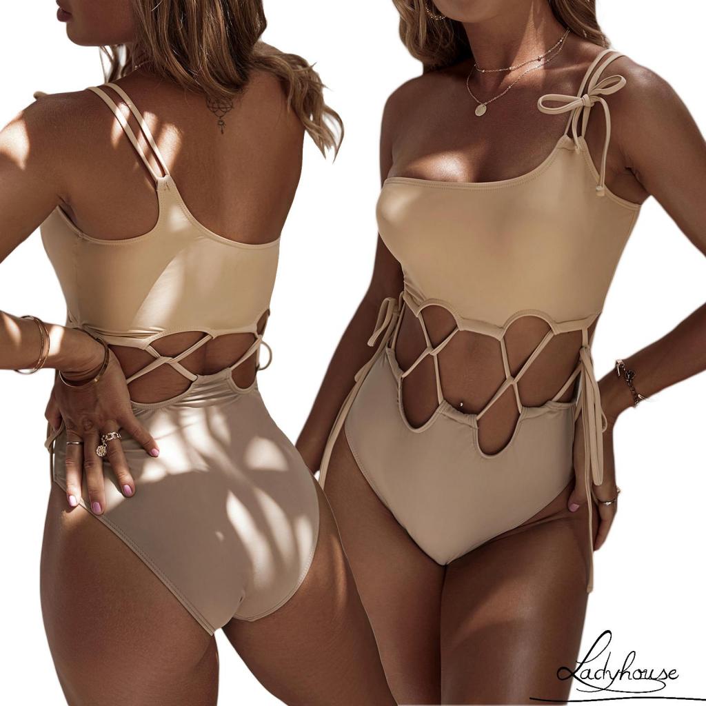 LD-Women One-shoulder Swimwear, Beige Patchwork Hollow Out Tie-up One-piece Bathing Suit, S/ M/ L