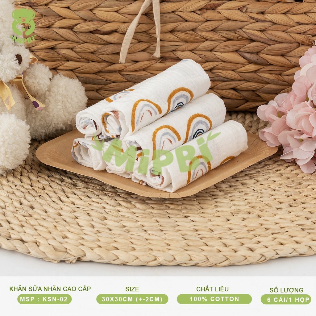 Khăn sữa xô nhăn cao cấp Mipbi hộp 6 cái KT 30x30cm. Khăn sữa cho bé 100% sợi bông thiên nhiên theo tiêu chuẩn Châu Âu