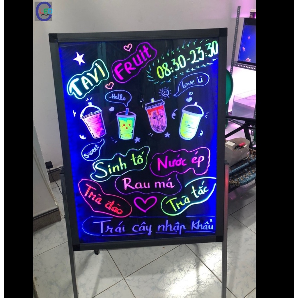 Bảng LED Huỳnh Quang viết tay 60x80cm cường lực, kệ thép, tặng hộp bút