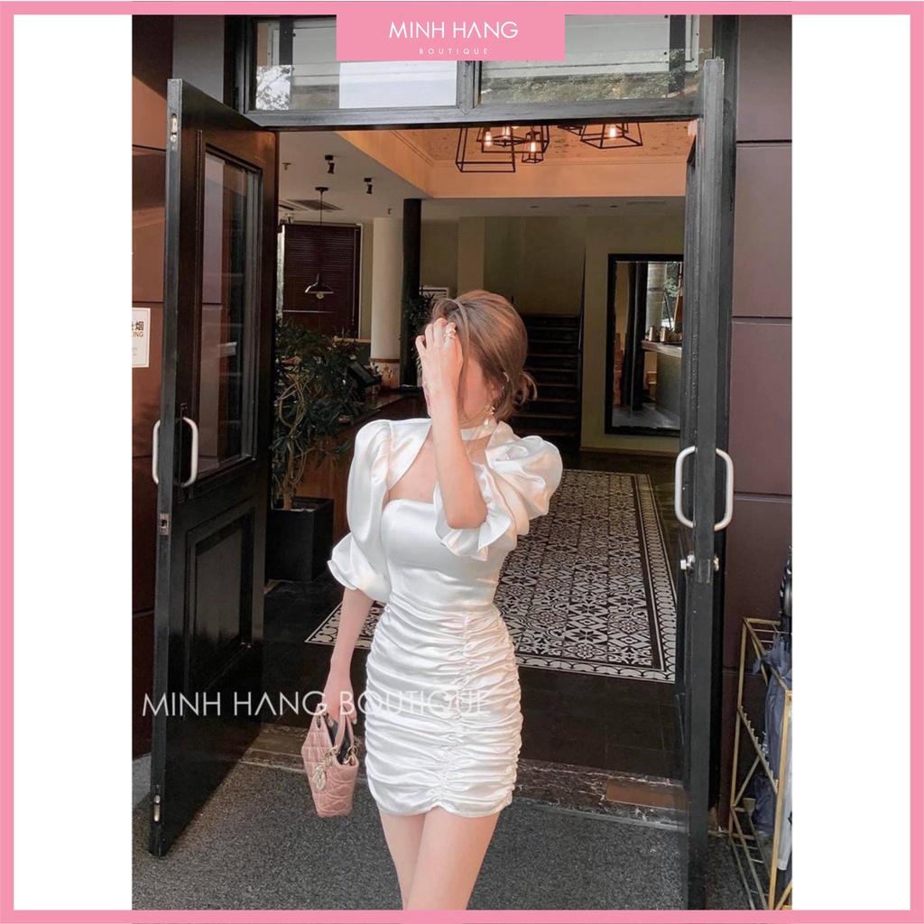 Đầm tiểu thư dự tiệc ôm body nhún tay phồng, chocker cổ (ảnh feedback khách ở cuối) (VMH001 ) ơi