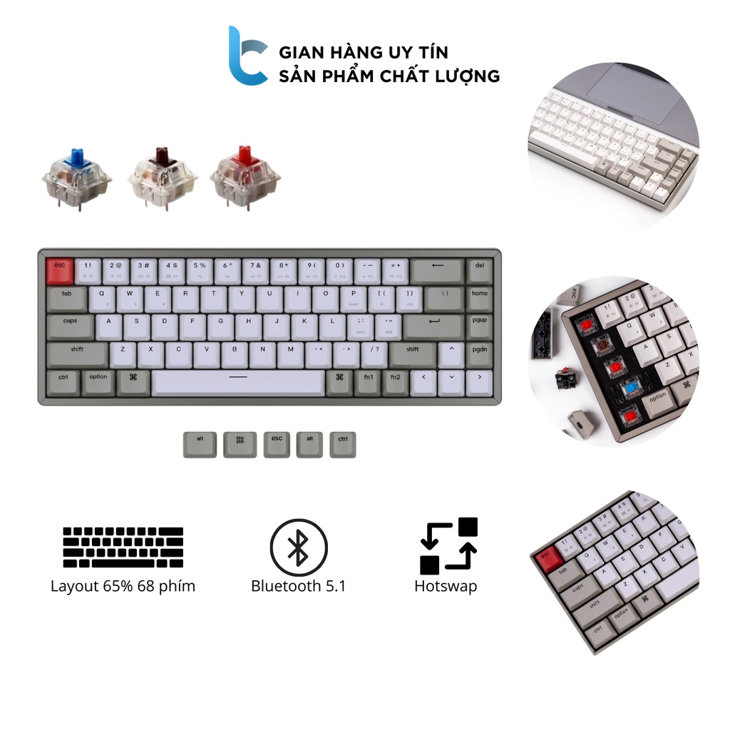 Bàn Phím Cơ Không Dây KeyChron K6 Retro Bản Nhôm Không LED Có Hotswap, Switches Gateron, Keycap ABS, Bluetooth 5.1