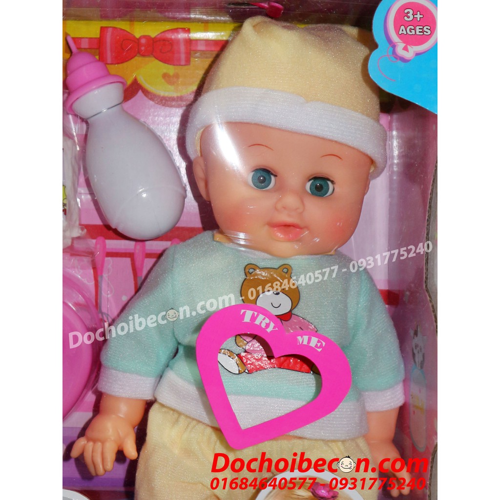 Búp bê Baby Doll bình sữa bé trai đội nón 1199: Biết nói, uống nước, đi vệ sinh (tè), mắt nhắm mở, da mặt và tay mềm