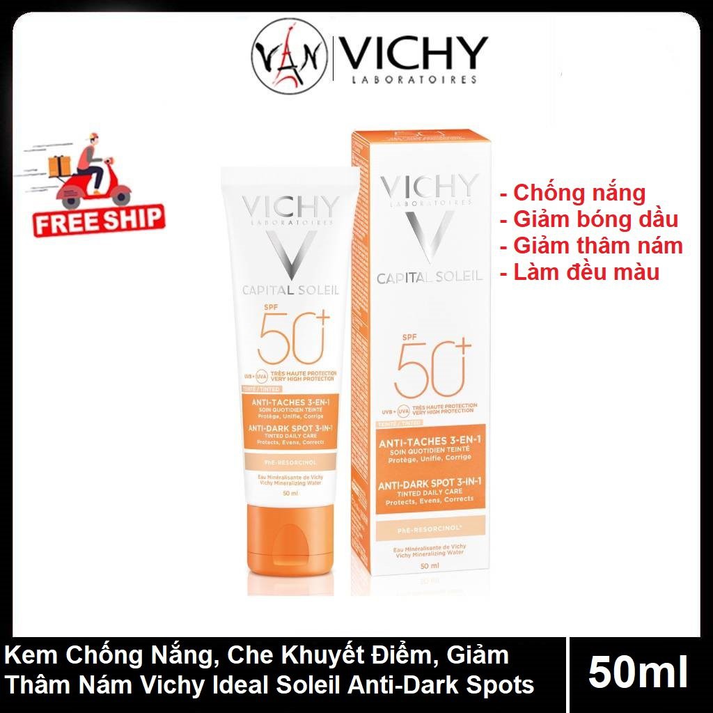 Kem chống nắng Vichy có màu che khuyết điểm giảm thâm nám và dưỡng da SPF 50+ PA++  Ideal Soleil Anti-Dark Spots 50ml