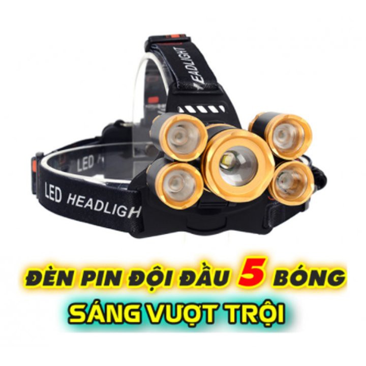 [ Bản Mới, Bóng To Sáng Hơn ] Đèn Pin Đội Đầu 5 Mắt Siêu Sáng, Đèn Pin Siêu Sáng