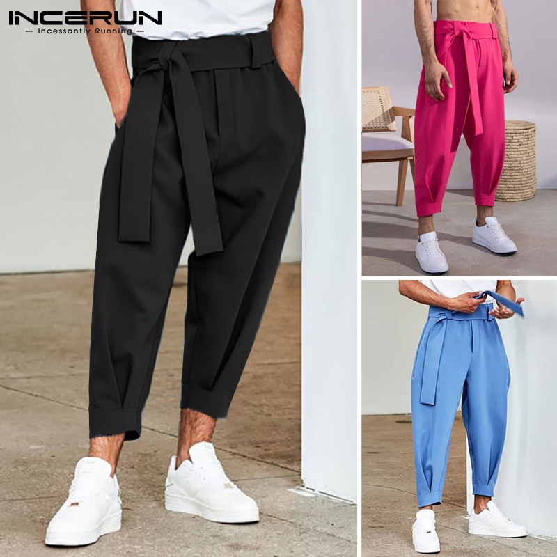 Quần baggy dài INCERUN lưng co giãn kèm thắt lưng màu trơn giản dị dành cho nam