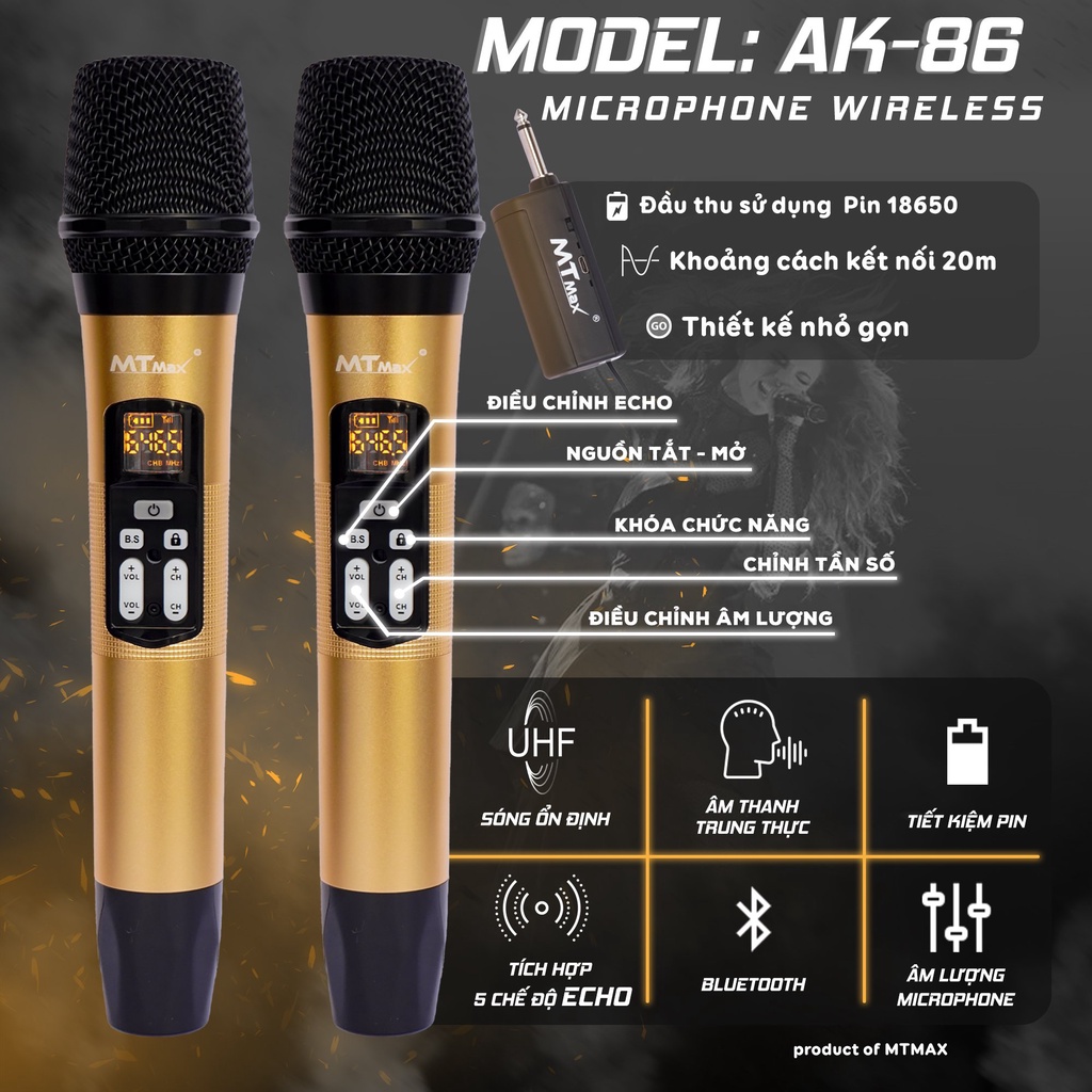 Siêu phẩm Micro không dây bluetooth karaoke AK-86 kiểu dáng hiện đại chất lượng cao cấp tích hợp echo trên thân micro