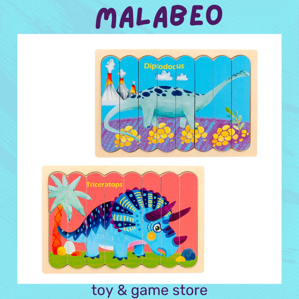 Tranh ghép gỗ nối 8 thanh gỗ 2 mặt chủ đề động vật, đồ chơi xếp hình kích thích khả năng ghi nhớ MALABEO KIDS