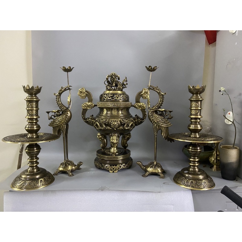 Bộ đỉnh thờ lư hương cao 65cm rồng phượng hàng đúc thủ công bằng đồng cattut hun màu giả cổ