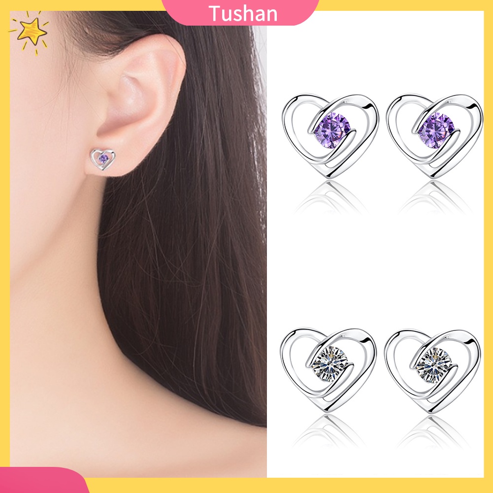 TUSH_Fashion Women Cubic Zirconia Inlaid Swirl Heart Ear Stud Earrings Jewelry Gift