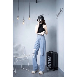Quần jeans ống suông rách kiểu màu xanh lưng cao ,ống rộng