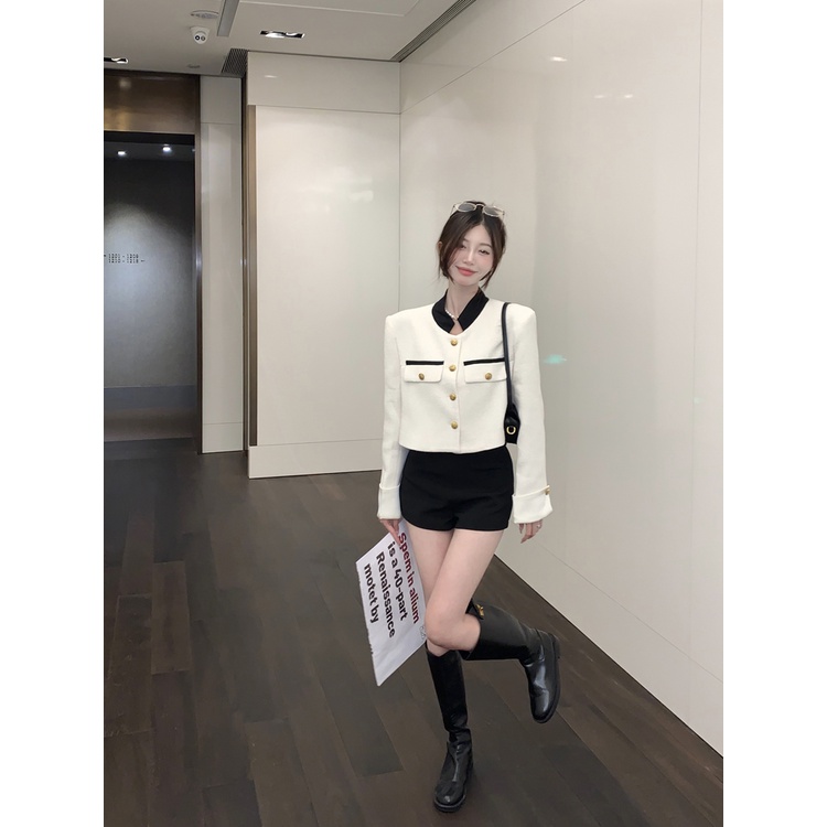 Áo Khoác Tay Dài Cổ Đứng Dáng Ôm Phong Cách Hàn Quốc Thời Trang Cho Nữ