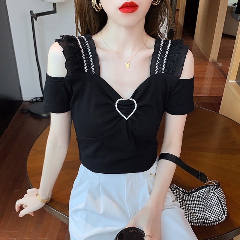 Áo ngắn tay hở vai phối ren họa tiết vân kim cương cổ chữ V phong cách Châu Âu thời trang hè quyến rũ 2021 mới cho nữ