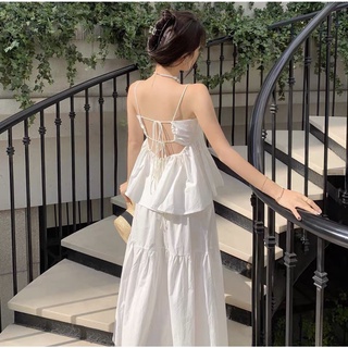 Váy hai dây maxi trắng dáng liền xoè tầng, váy maxi đan lưng, tầng đi biển, du lịch