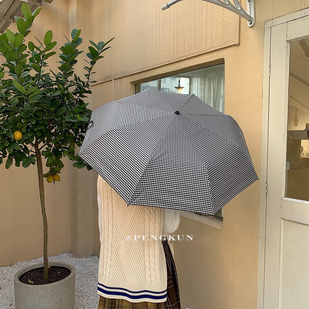 Dù Gấp Tự Động Che Nắng Mưa Họa Tiết Kẻ Sọc Màu Đen Phong Cách Hàn Quốc